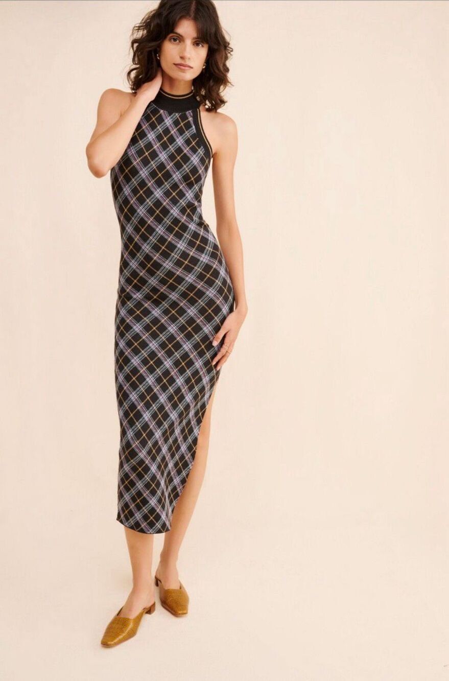 Free People Sz M Saylor Sleeveless Midi Dress Plaid Bodycon Black High Neck